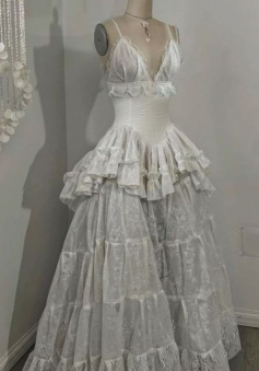 V Neck White Lace Long Prom Dress Simple Elegant Wedding Dress