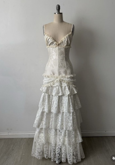 White Lace Wedding Dress Elegant Long Prom Dress