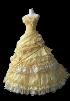 Yellow Pleated Layered Puff Sweet 15 Ball Gown Pleated Wedding Dress