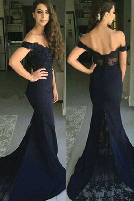 Mermaid Off-the-Shoulder Sweep Train Navy Blue Stretch Satin Prom Dress ...