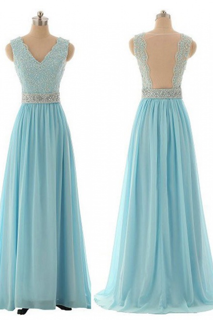 A-Line V-Neck Long Light Sky Blue Chiffon Prom Dress with Appliques ...