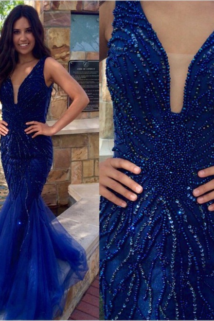 Sexy Mermaid V-Neck Tulle Floor Length Navy Blue Evening/Prom Dress ...