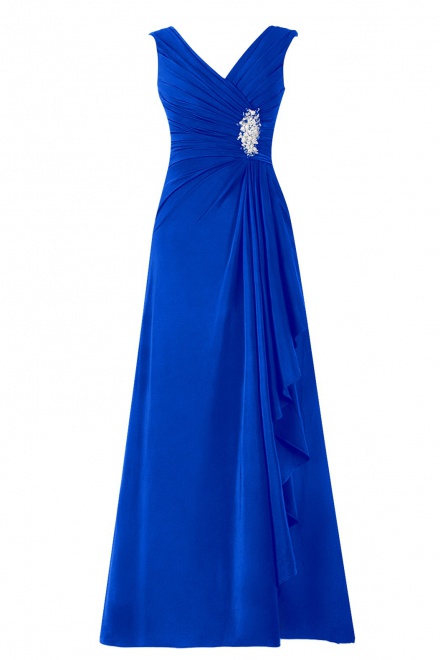 Fashion V-neck A-line Long Royal Blue Prom/Party Dress With Rhinestone