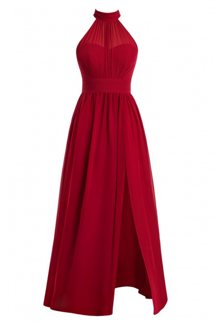 Simple A-line High Neck Chiffon Sleeveless Ruffles Red Prom Dress ...
