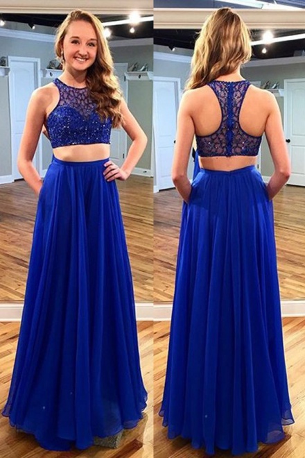 Two Piece Jewel Sleeveless Floor-Length Royal Blue Chiffon Prom Dress