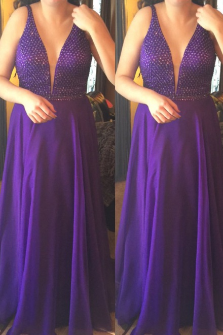 A-Line Deep V-Neck Floor-Length Purple Chiffon Prom Dress with Beading ...