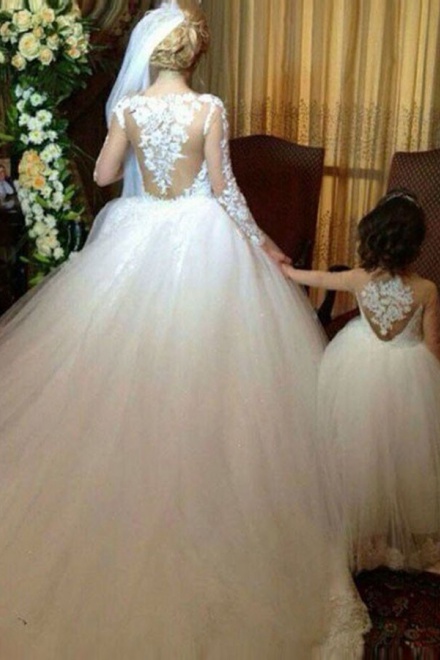 Glamorous A-Line Bateau Long Sheer Sleeves Flowers Wedding Dress ...