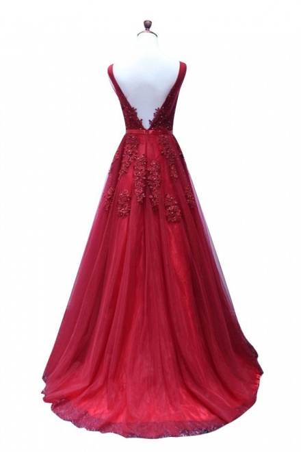 A-Line V-Neck Sweep Train Dark Red Tulle Prom Dress with Appliques ...