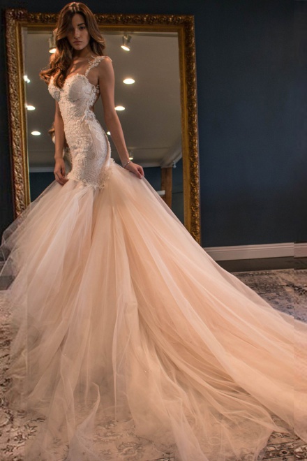 peach mermaid wedding dress