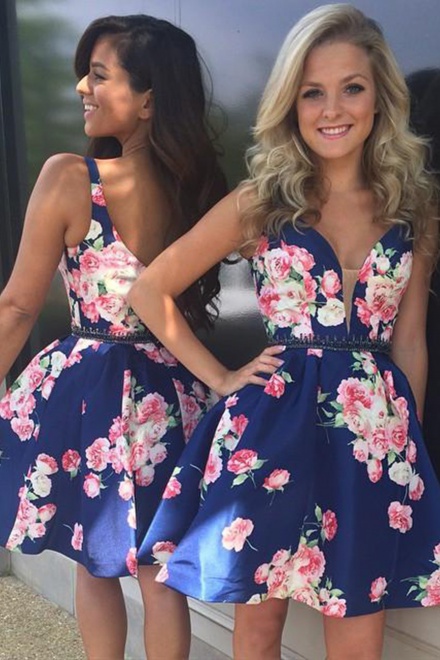 Modern V-neck Short Dark Blue Floral Homecoming Dress Open Back with ...