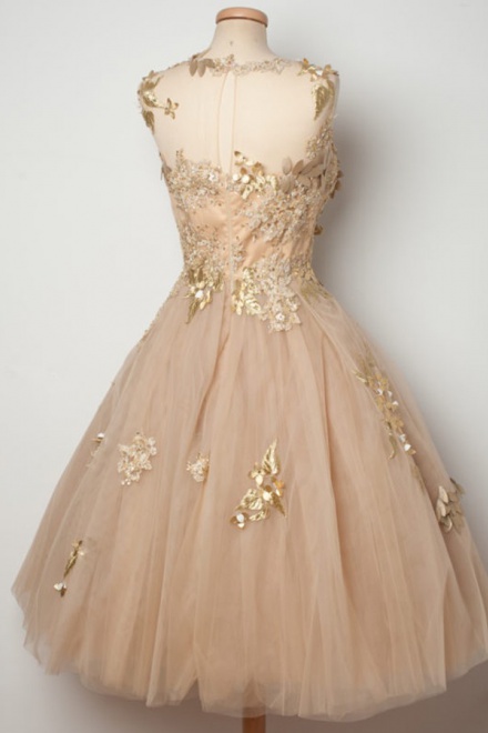 A-Line Jewel Tea-Length Open Back Champagne Tulle Homecoming Dress with ...