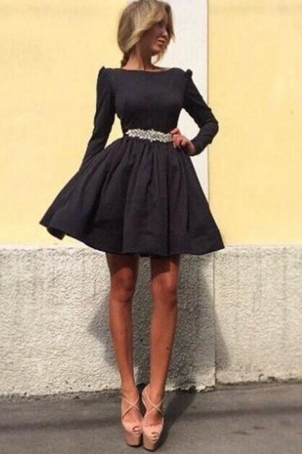 A-Line Bateau Long Sleeves Polyester Little Black Dress with Beading ...