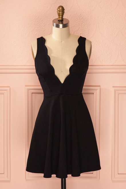 A-Line Deep V-Neck Satin Little Black Dress - Wisebridal.com