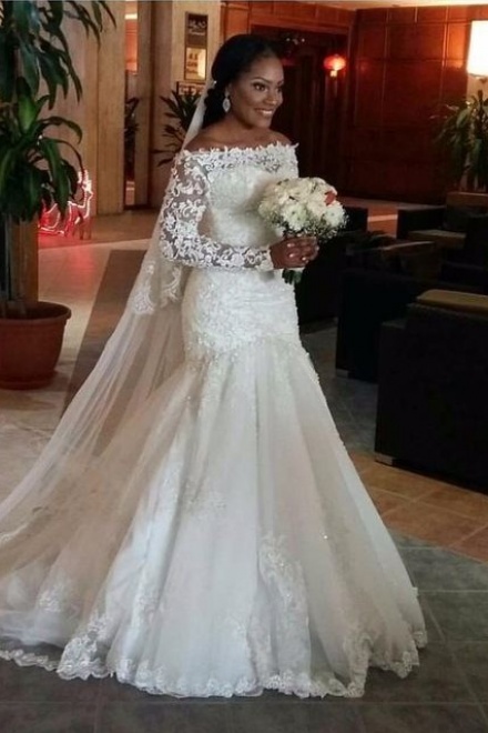 off the shoulder applique wedding dress