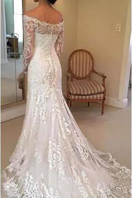 Off-the-shoulder Long Sleeve Lace Sheath V-neck Court-Train Wedding ...