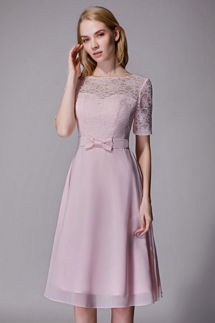 Elbow Sleeves Lace Illusion Scoop Neck Short Bridesmaid Dress with Silk ...