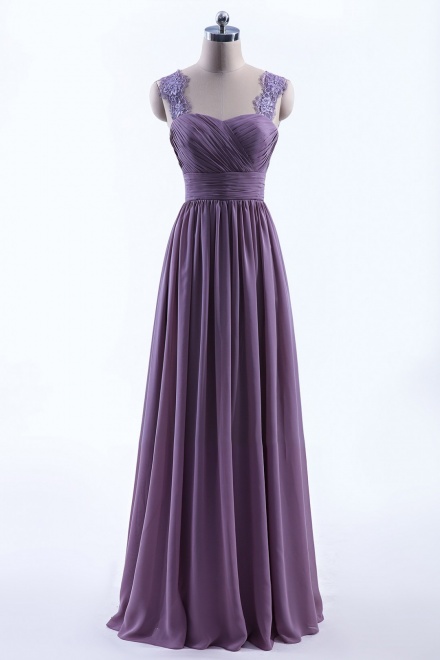 Pleated Long Chiffon Open Back Lace Strap Bridesmaid Dress - Wisebridal.com
