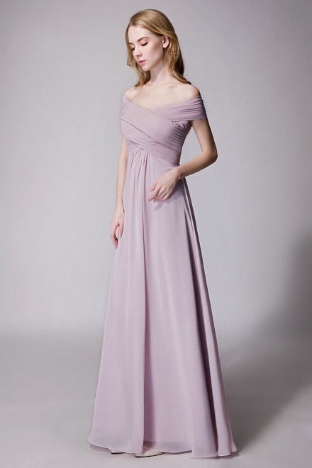 Crisscross Off-the-Shoulder Pleated V-back Bridesmaid Dress Long ...