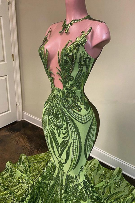Olive Green Mermaid African Prom Dresses Jewel Neck Illusion Long ...