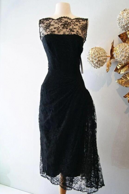Vintage Black Sheer Bateau Neck Tea Length Evening Gowns - Wisebridal.com