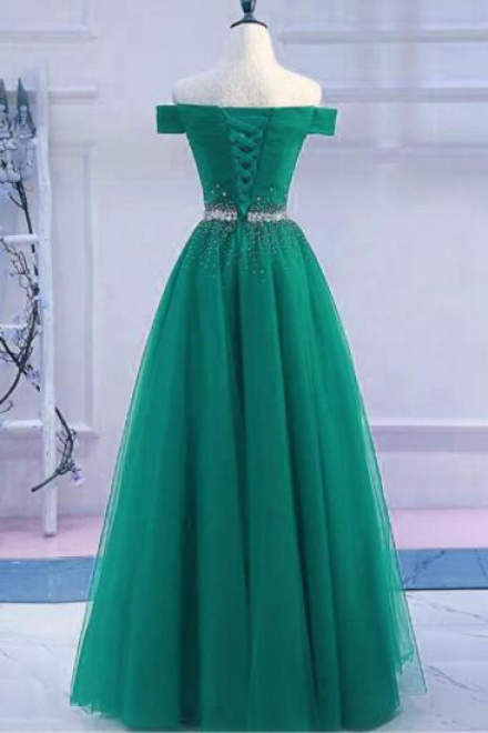 Off Shoulder Green Tulle Long A Line Prom Dress - Wisebridal.com