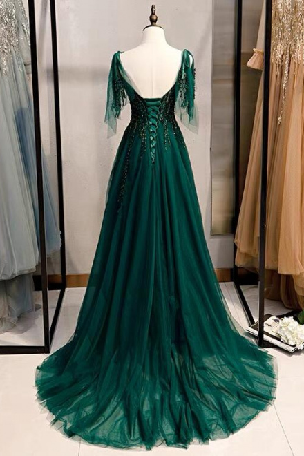 A Line Green V Neck Tulle Evening Dress - Wisebridal.com
