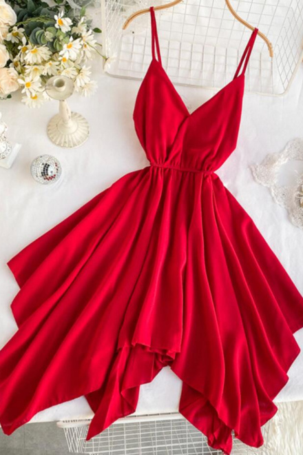 Cute A line V Neck Irregular Dress - Wisebridal.com