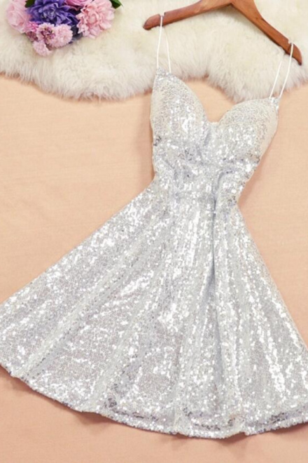 Cute Shiny V Neck Sequins Short Prom Dress - Wisebridal.com