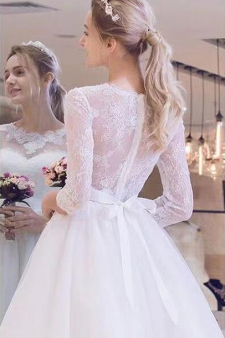 Simple A Line long-sleeve tea length wedding dress - Wisebridal.com