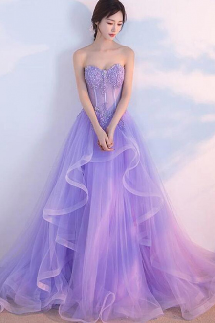 Elegant Sweetheart Open Back Purple Lace Prom Dresses - Wisebridal.com