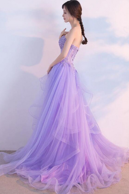 Elegant Sweetheart Open Back Purple Lace Prom Dresses - Wisebridal.com