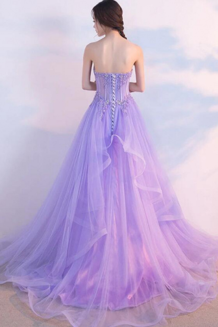 Elegant Sweetheart Open Back Purple Lace Prom Dresses - Wisebridal.com