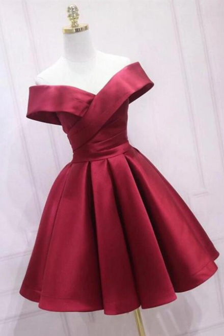 Off Shoulder Burgundy Short Prom Dress - Wisebridal.com