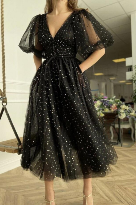 A Line Black tulle short prom dress - Wisebridal.com
