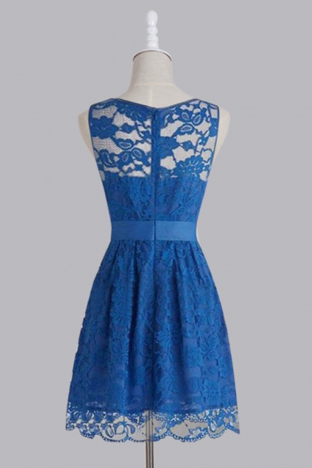 Hot Sale Royal Blue Scoop Lace Short Knee Length Bridesmaid Dress ...