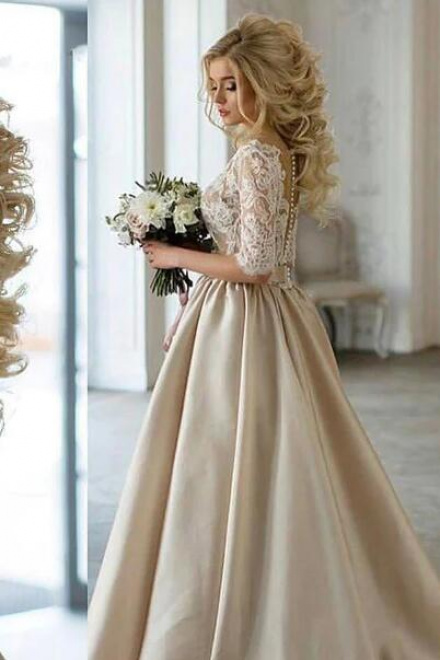 Princess Champagne Mermaid Prom Dress with Sleeves - Wisebridal.com