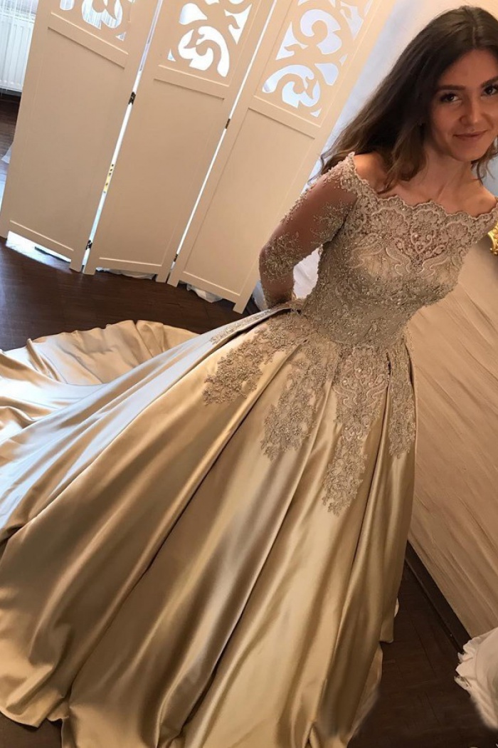 champagne off the shoulder prom dress