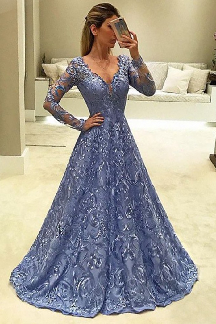 light blue long sleeve gown