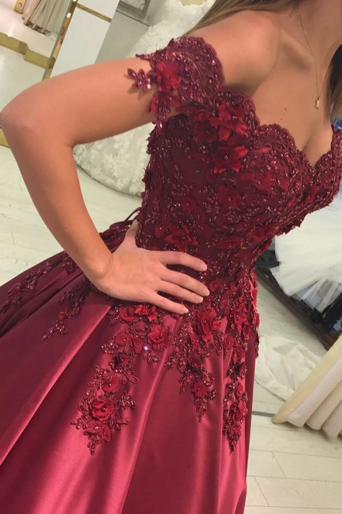 dark red off the shoulder prom dress