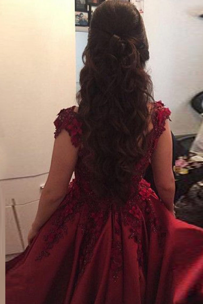 Ball Gown Off-the-Shoulder Dark Red Prom Dress with Beading Appliques -  Wisebridal.com