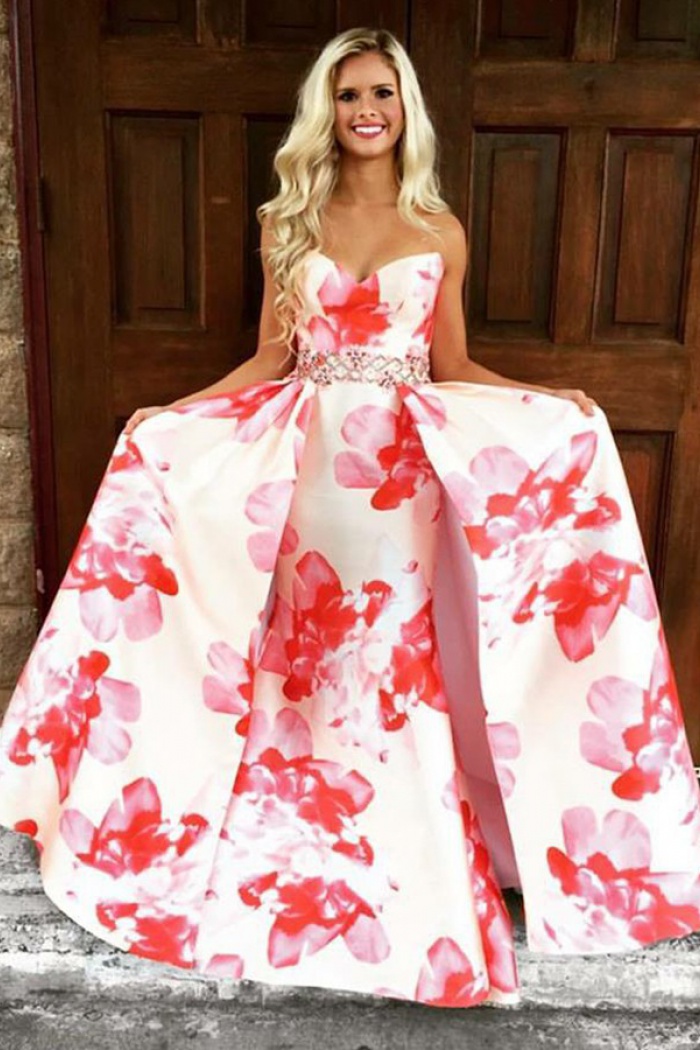 red and white floral prom dress