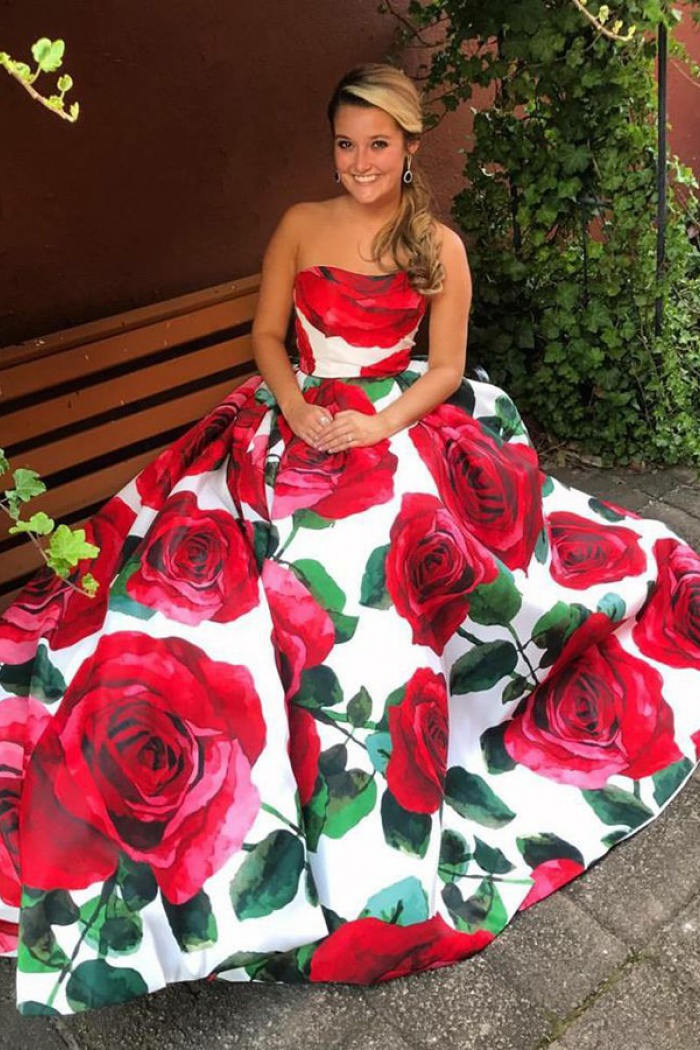 red flower prom dress