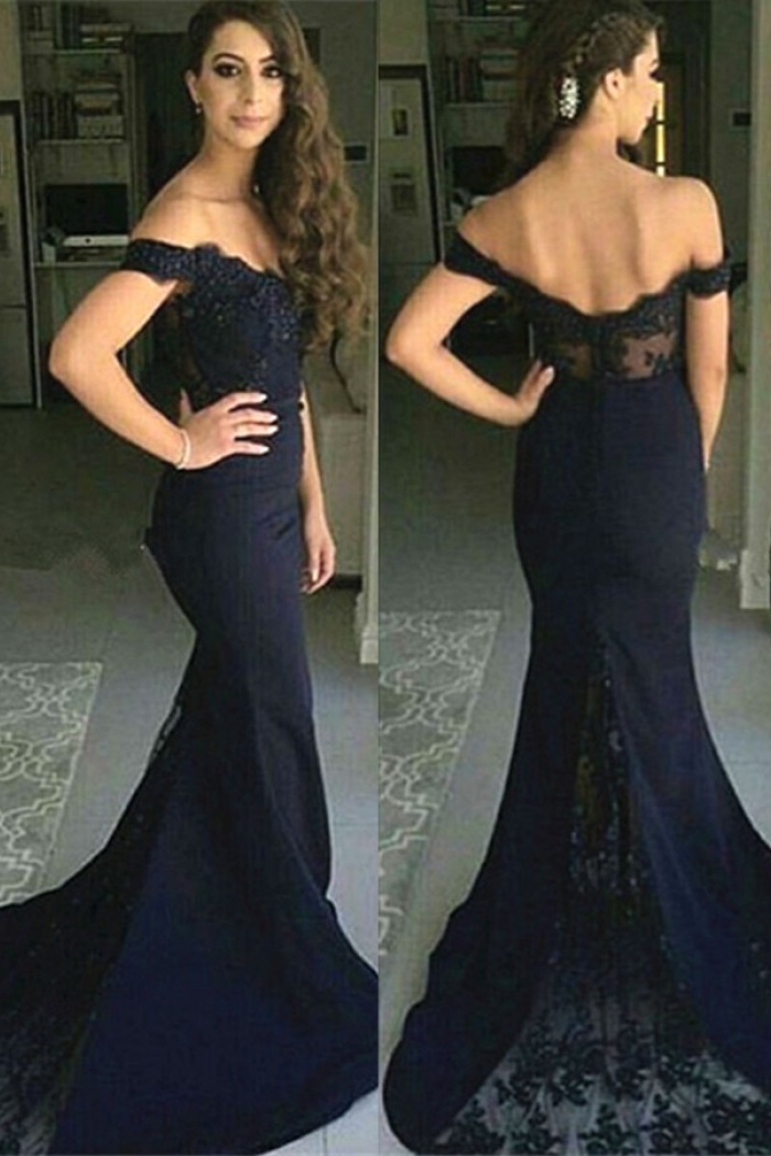 navy blue off the shoulder prom dress