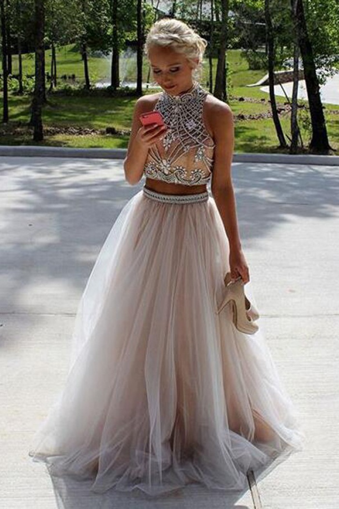 light pink beaded prom dress