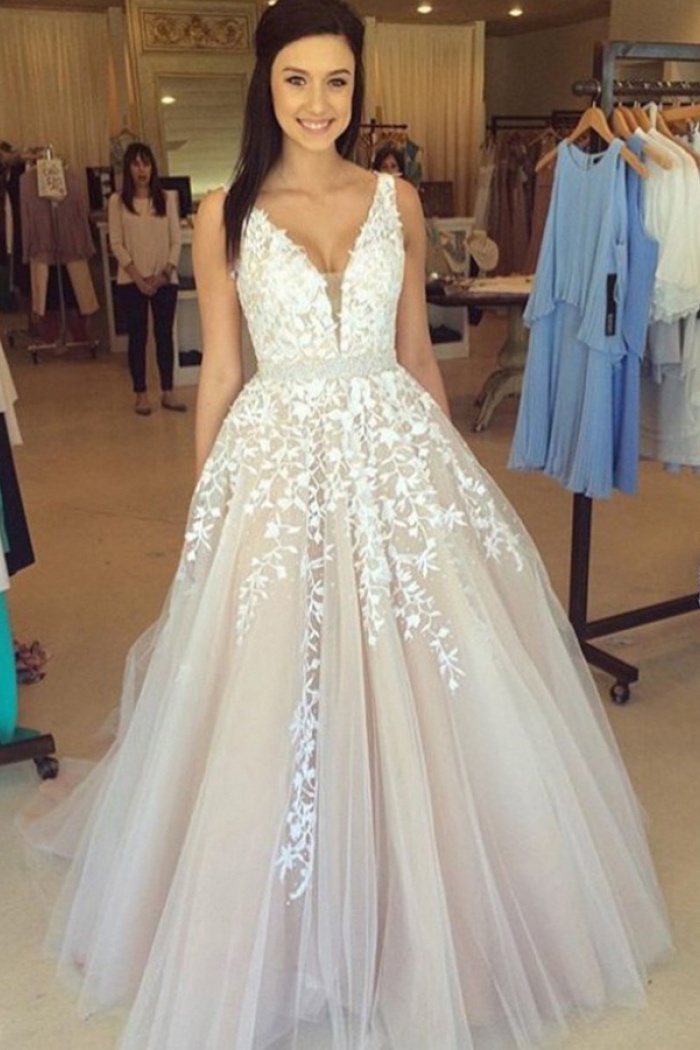 A-Line V-Neck Sweep Train Champagne Tulle Prom Dress with Appliques ...