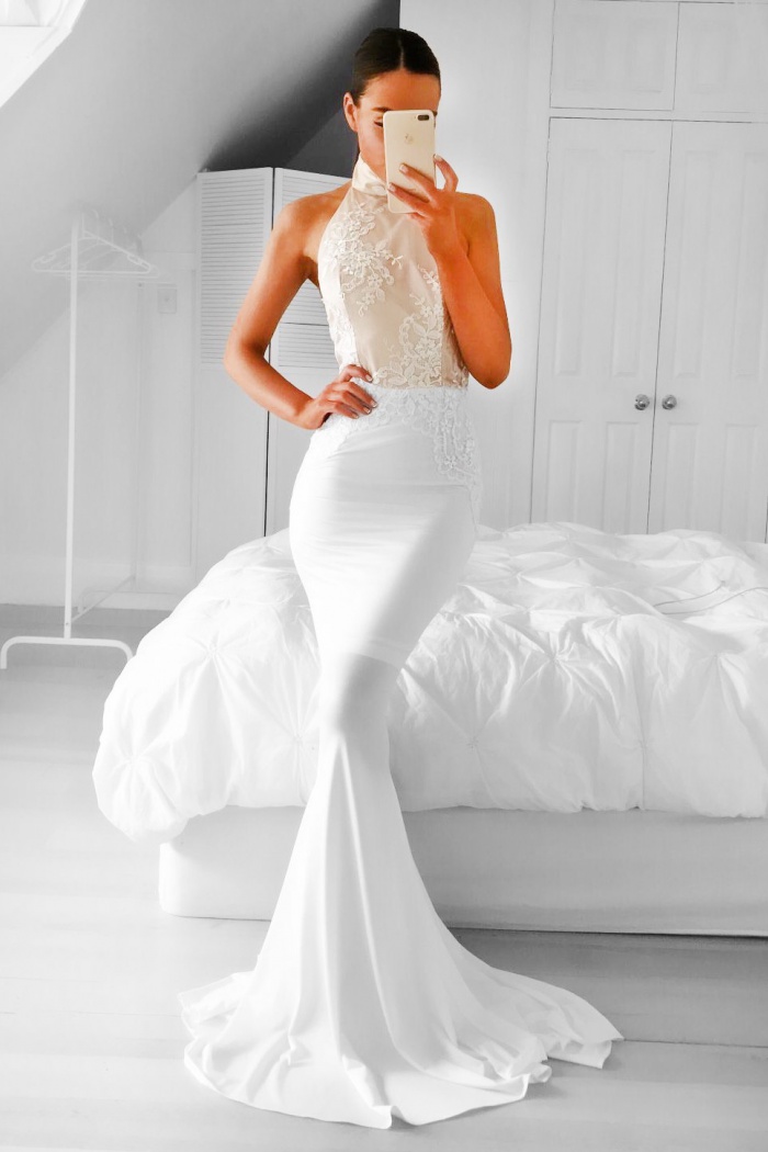 high neck white formal dress