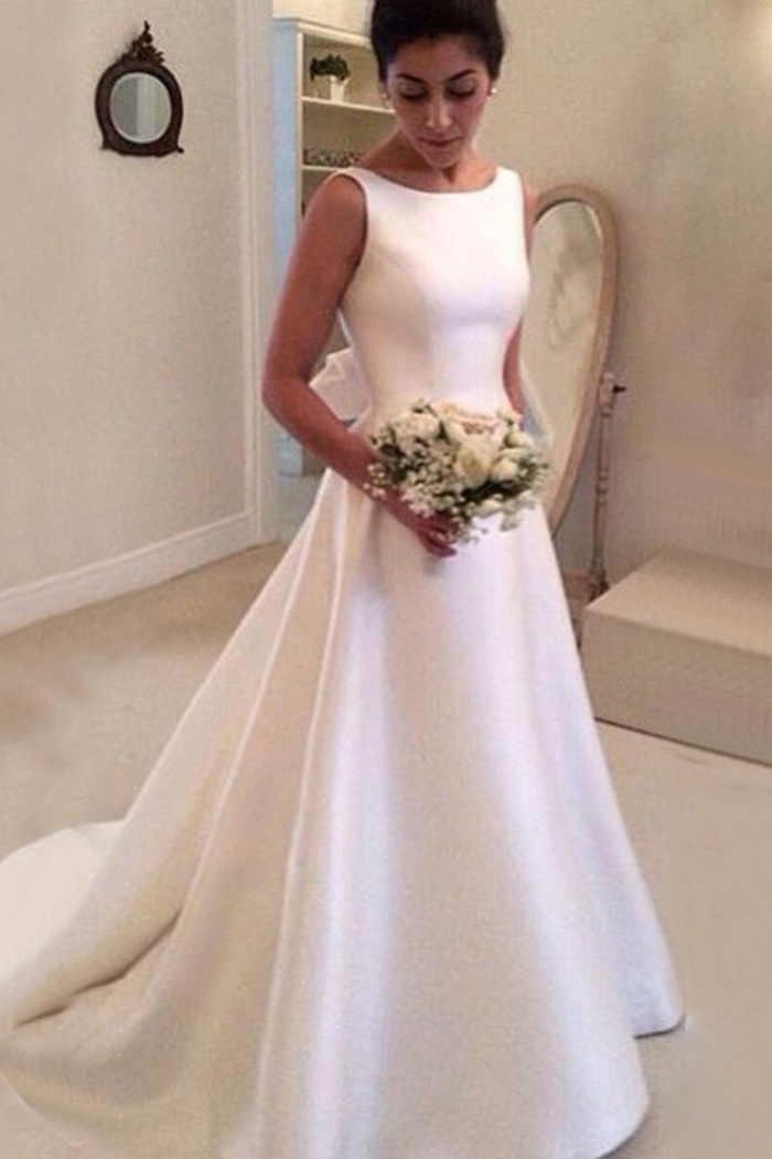 Simple Bateau  Backless Court Train A Line  Wedding  Dress  