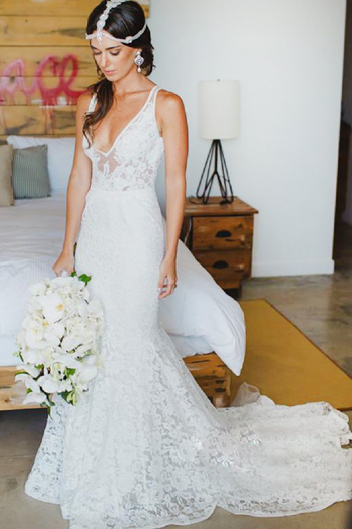 Mermaid Style Lace V Neck Court Train Beach Wedding Dress