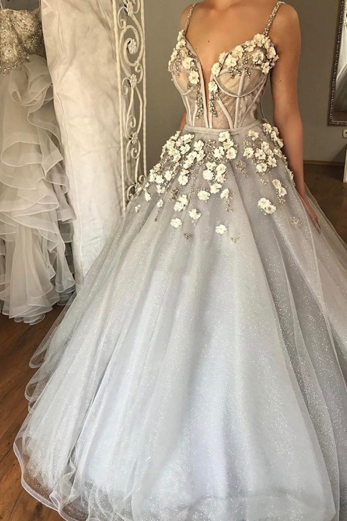 Ball Gown Spaghetti Straps Court Train Grey Tulle Wedding