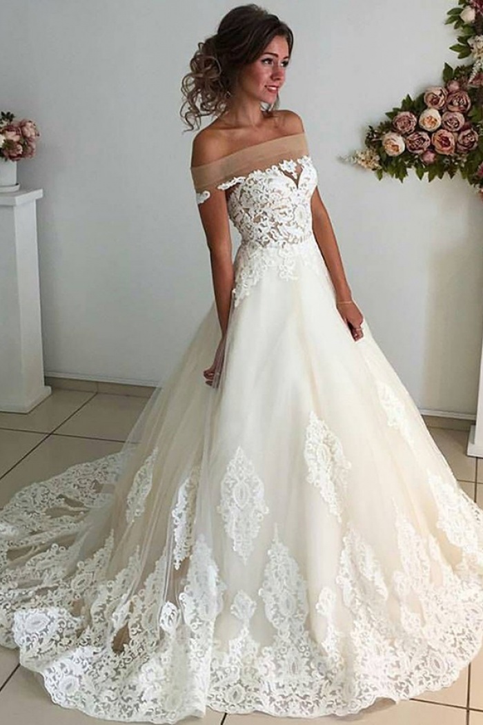 lace and tulle off the shoulder wedding dress